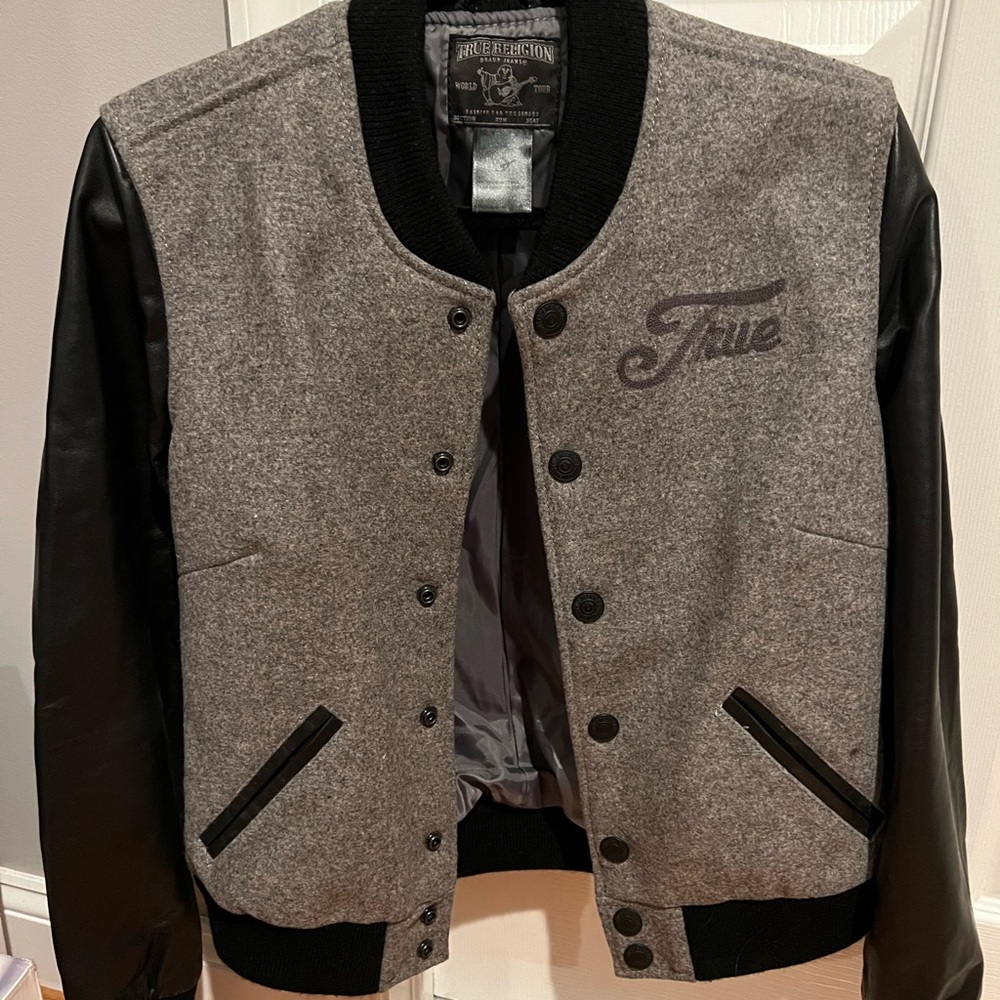 True Religion women’s varsity jacket wool with leather sleeves